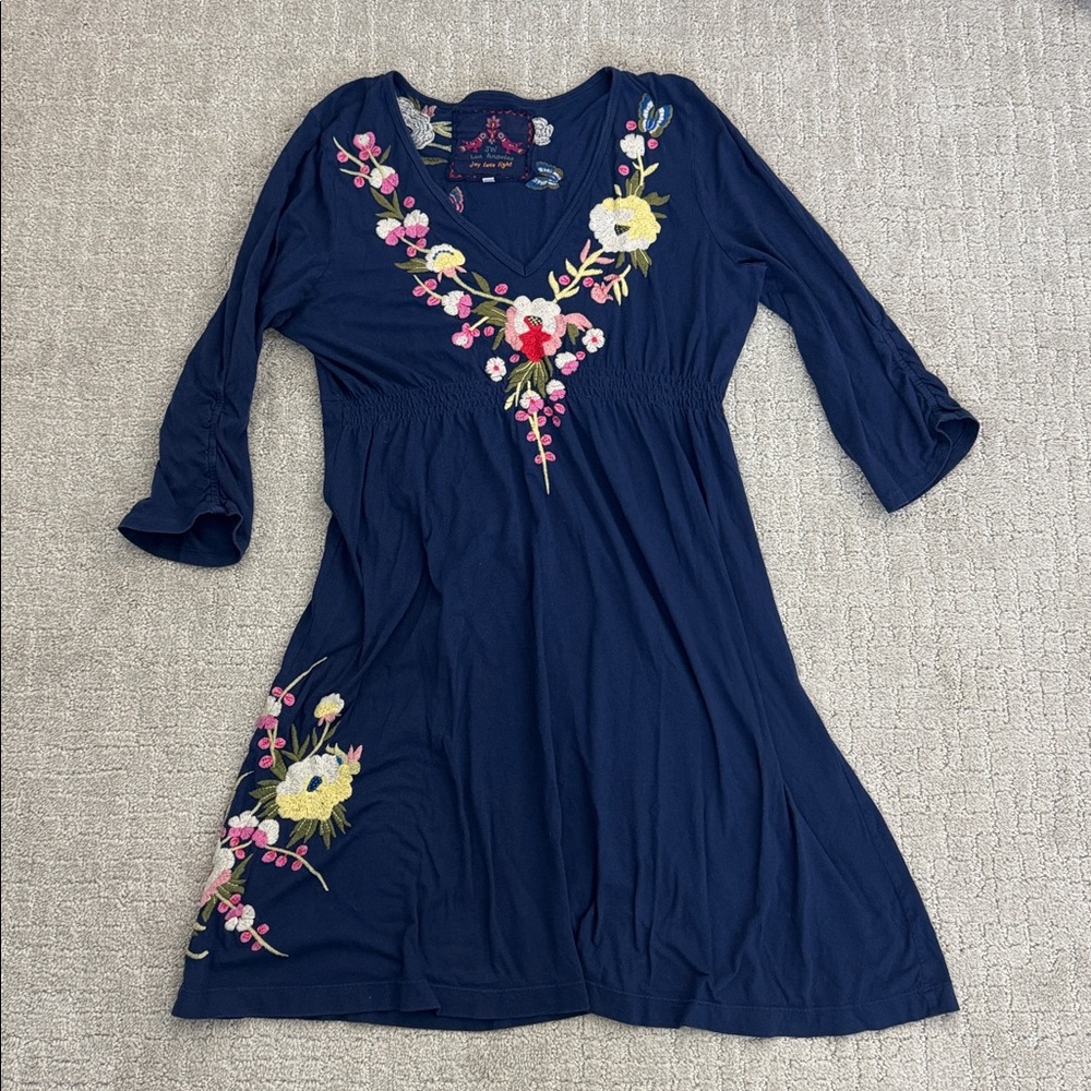 Johnny Was navy blue floral Embroidered long sleeve cotton dress